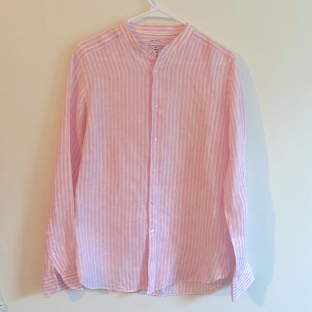 Camicissima Men's Linen Pink/White Stripe Mandarin Collar Fitted Shirt.Size: 39